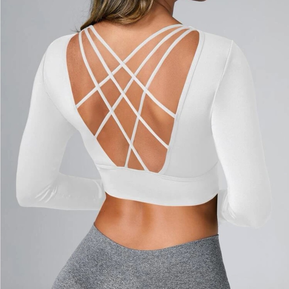 Strappy back athletic crop top white open back NWT long sleeve